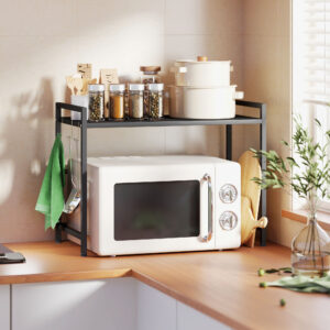 Udvidelig Mikrobølgeovnshylde Mikrobølgeovnsstativ med 3 Kroge Køkkenhylde Mikrobølgeovnsholder Lavet af Metal, Sort