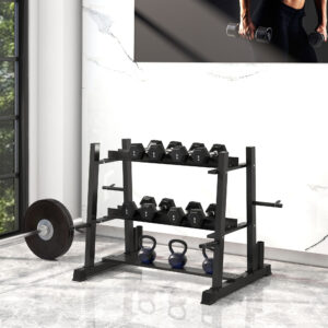 Håndvægtstativ, 3 niveauer, op til 200 kg, stål, sort, 131 x 75 x 80 cm, til fitnesscenter og hjemmetræning