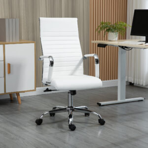 Kontorstol med vippefunktion, ergonomisk, 360° drejelige hjul, stålfødder, kunstlæder, lasteevne 120 kg, 54 x 62 x 104-114 cm, hvid