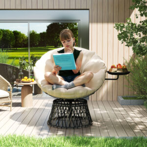 Papasan-stol, rattan, 360° drejelig, kurvestol med hynde, diameter 90 cm, rund, udendørs rattanstol, drejestol, lænestol, lænestol til stue, have, balkon, beige