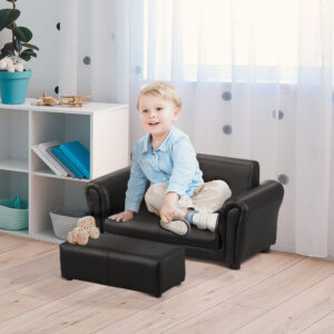 Børnelænestol med fodskammel, Børnesofa & Skammelsæt i sort, Komfortabel Børnesofa 83x42x41cm