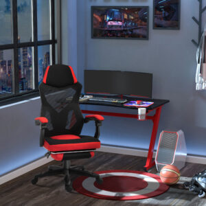 Gaming Chair Ergonomisk Skrivebordsstol med Fodstøtte Højdejusterbar Polyester Sort Rød 58 x 72 x 112-122 cm til Kontor & Gaming