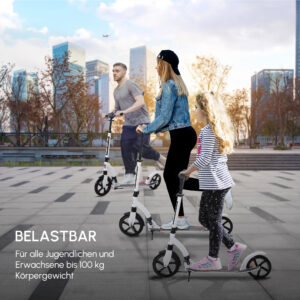 Børneløbehjul med støddæmpning, foldbar, højdejusterbar, til alderen 14+, aluminium, hvid, 92,5 x 37,5 x 87-101,5 cm