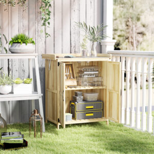 Haveskab i træ, vejrbestandigt redskabsskur 74x43x88cm, redskabsskur med foldetag, hylder, arbejdsflade, redskabsskab, havehus, redskabsskab, haveskur til haven, terrasse, træ