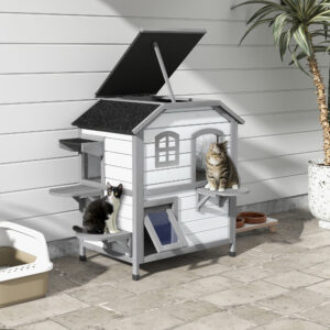 Trækattehus, Udendørs Kattehus med Trapper, 2-Etager, Smådyrshus til Katte op til 4,5 kg, Hvid, 78 x 55,5 x 91 cm