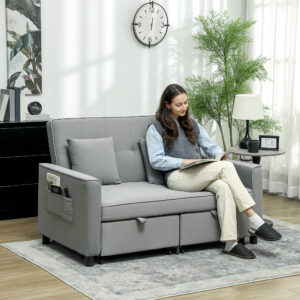 Sovesofa, 2-personers sofa med sovefunktion, justerbar ryglæn, sofa med hynder, fløjlslook, L-formet sovesofa med opbevaring, hjul til stue, gæsteværelse, grå