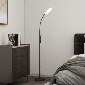 LED-gulvlampe Dæmpbar gulvlampe med fjernbetjening og touchbetjening, gulvlampe til stue med 360° justerbar svanehals, 1-times timer, hukommelsesfunktion, sort