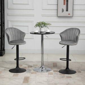 Sæt med 2 drejelige barstole med ryglæn, højdejusterbar, velourbetræk, grå, armløse, 51,5 x 57,5 x 93-114,5 cm til køkken og bar