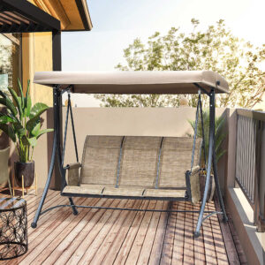 Outsuuny verandagynge med sidelomme, 3-personers havegynge med justerbart soltag, gyngebænks bæreevne op til 300 kg, til have, terrasse, 196 x 128 x 172 cm, brun