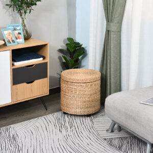 Opbevaringsskammel Fodskammel med Opbevaringskasse, Aftageligt Låg, Strårattan, Khaki, Ø43x43cm