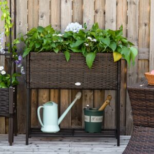 Højbed i polyrattan med fødder, blomsterpotte med hylde, brun, 70 x 30 x 72 cm