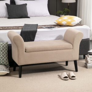 Stuebænk Moderne polstret bænk med opbevaring, fløjl polyester, gummitræ, armlæn, 115,5 x 43,5 x 66 cm