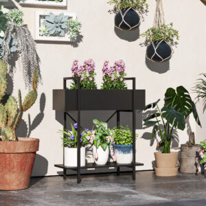 2-lags plantestativ, blomsterstativ til indendørs og udendørs brug, metal plantehylde, blomsterhylde i flere niveauer, 70 cm høj blomstertrappe til stue, dekoration af havebalkon, sort