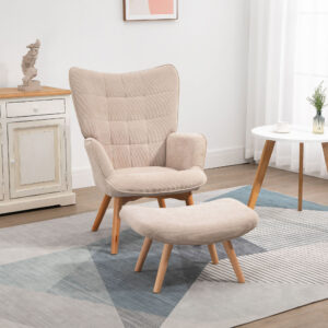 Wingback-stol med fodskammel, afslappende lænestol, polstret lænestol, fløjlslook, loungestol, lænestol, træben, TV-stol, beige til stue