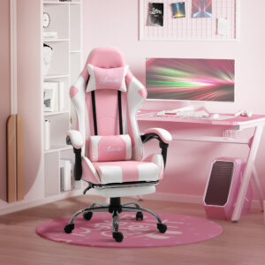 Gaming Chair Computerstol Ergonomisk Kontorstol med Nakkestøtte Lændehynde Højdejusterbar 360° Drejelig Pink+Hvid