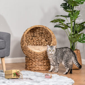 Rattan Kattehule Katteseng med Vandhyacintpude 50x42x60cm i Lysebrun til Hyggeligt Tilflugtssted