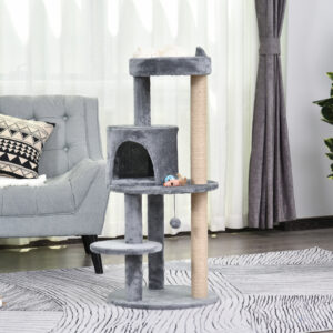 Kradsetræ 4-etagers kattehule med legebolde og siddepind sisal søjle kradsebræt plys grå 48x48x104cm til katte
