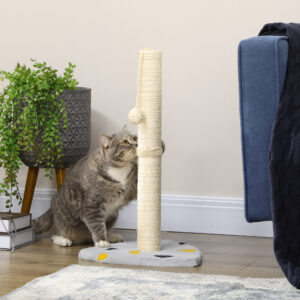 Kradsemåtte til Katte med Plysdesign og Legebold, Holdbart Jutereb, Kompakt Størrelse 35 x 35 x 62 cm, Lysegrå og Beige