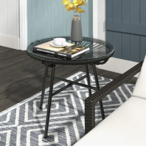 Rattan sidebord bistrobord sofabord rundt med glasbordplade 50x50x50cm til terrasse balkon sort