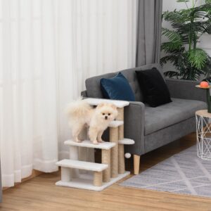 Kæledyrstrappe med kradsetræ, 4-trins katte- og hundetrapper lavet af spånplade, plys og jute, hvid, 60x40x64cm til katte og hunde