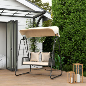 Rattan 2-personers havegynge med justerbart soltag og hynder, hængebænk, lasteevne op til 240 kg, hængebænk, gyngebænk til haven, balkon, 149 x 121 x 180 cm, khaki