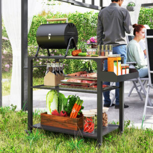 Grillvogn 3-etagers serveringsvogn med arbejdsfladehylder på hjul, grillbord i rustfrit stål, grillsidebord, udendørs vogn, kulgrill til have, terrasse, 105x50x79cm sort