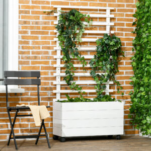 Plantekasse med espalier, blomsterkasse med hjul, højbed til klatreplanter, naturtræ, hvid, 76 x 30 x 155 cm til haven