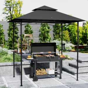 BBQ-pavillon med LED 240 x 150 x 258 cm vandafvisende flammehæmmende havepavillon med dobbelt tag, sidehylder, havepergolaer med UV-beskyttelse, BBQ-pavillon til festgrill mørkegrå