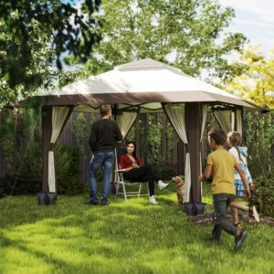 Pavilion 4x4m Vandtæt Højdejusterbar Pop-up Foldbar Pavillon med Netvægge UV 50+ Foldbart Partytelt Havetelt med Bæretaske Sandsække Havepavillon til Camping Havefestival, Beige
