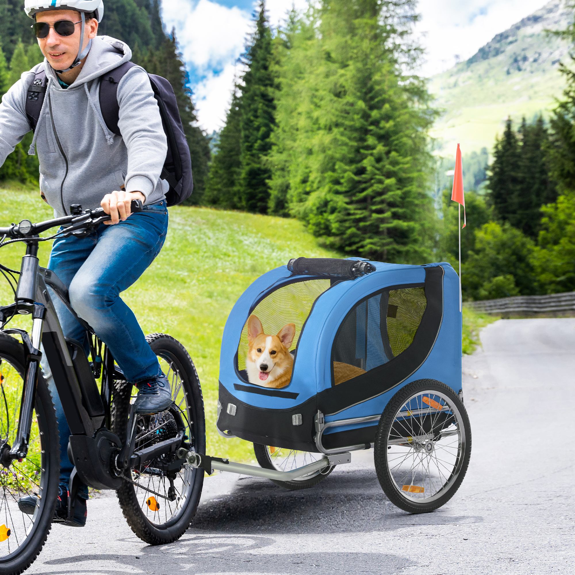 Hundetrailer, Cykeltrailer, Hundetransporter, Cykeltrailer til Hunde, Blå+Sort, 130x73x90cm