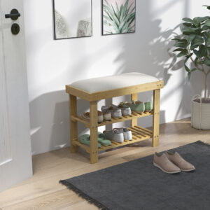 Skobænk med sæde, bambusbænk med opbevaring, skohylde med 2 åbne rum, bænk, garderobebænk til stue, entre, 60 x 29 x 49 cm cremehvid