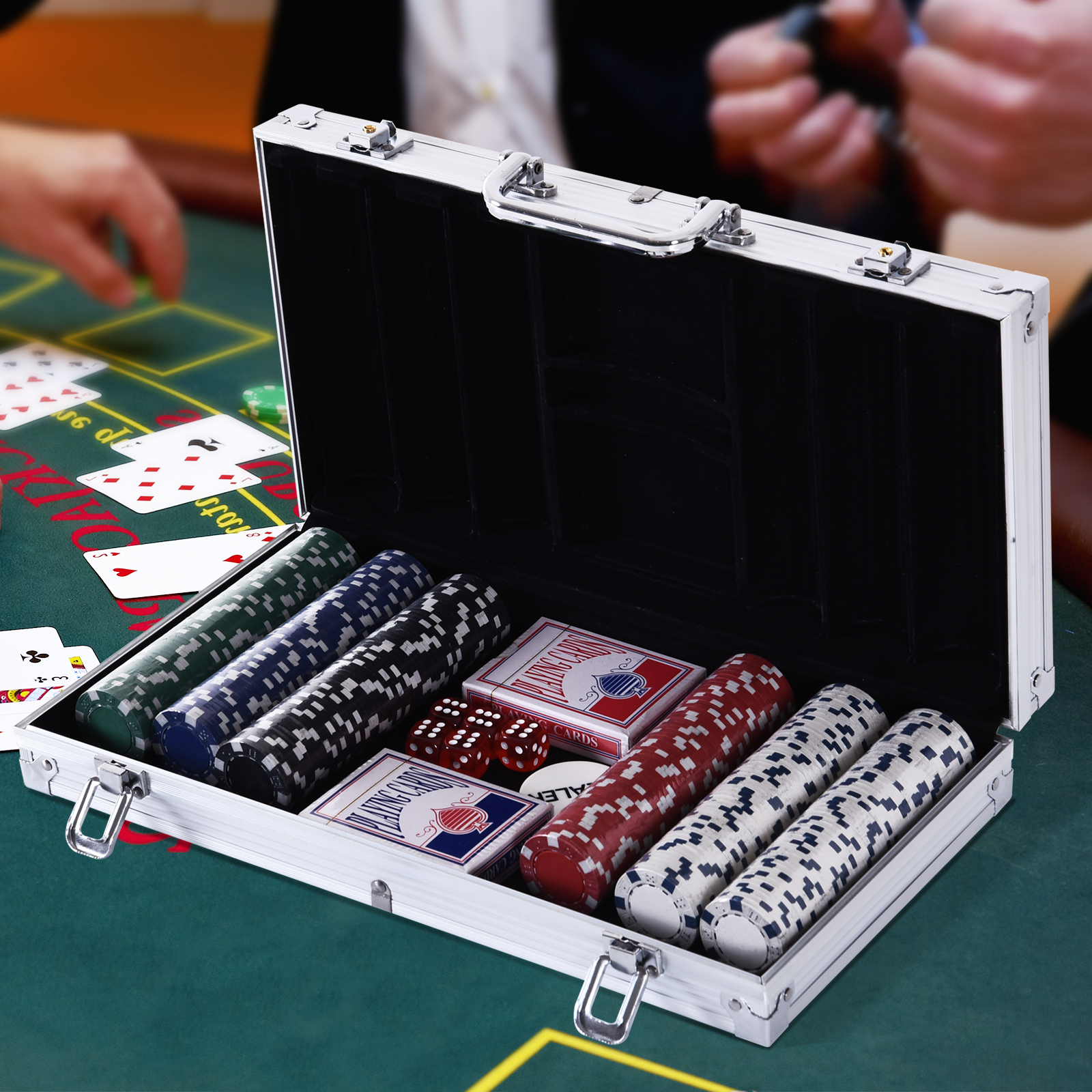 Pokerkassesæt med 300 chips, 2 sæt kort og 5 terninger i et aluminiumskasse, ideelt til casinoaftener, 38 x 20,5 x 6,5 cm