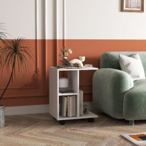 C-formet sidebord, sofabord med hjul, bærbart sofabord, til små rum, 45 x 35 x 58 cm, hvid