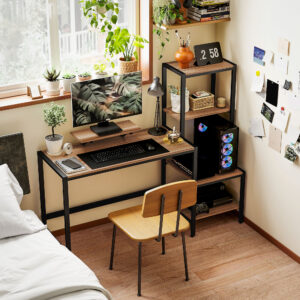 Computerbord med Skærmstativ, CPU-stativ, Kontorbord med Printerhylde, PC-bord med 4 Hylder, Moderne Design til Hjemmekontor, 150 x 48 x 125 cm, Brun