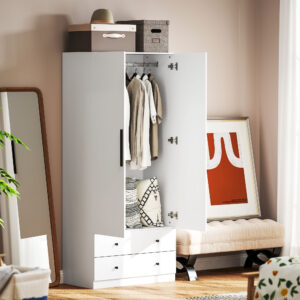 Garderobeskab med flere funktioner, 2 døre, garderobestang og 2 skuffer, soveværelse, 79 x 43 x 180 cm, hvid