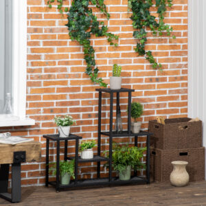 Plantehylde med 4 niveauer, blomsterhylde i flere niveauer, plantestativ til have, balkon, metal, sort, 91x25x83cm
