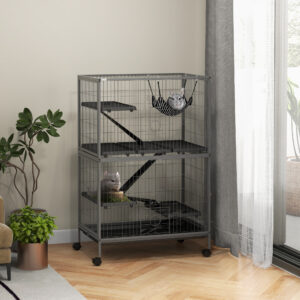 Bur til gnavere multifunktionelt 4 platforme 3 ramper 4 døre Mål 80L x 52B x 128H cm Stålgrå sølvsort