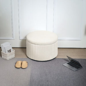 Opbevaringspuf med låg, rund polstret fodskammel med fløjlslook til stue, soveværelse, 60 x 60 x 41 cm, Beige