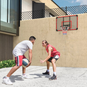 Basketballkurv, basketballbrettet med kurv, basketballnet med basketballbrettet, vægmonteret, til udendørs brug, stål, 113 x 61 x 73 cm, rød