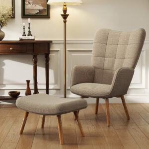 Wingback-stol med fodskammel, afslappende lænestol, polstret lænestol i corduroy-look, loungestol, lænestol med træben, TV-stol til stue, brun