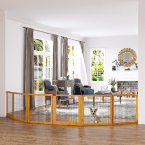Hundegitter, Justerbart Sikkerhedsgitter med Fødder, 432 x 70 cm Træhundegitter, Sammenklappeligt Trappegitter, Hundebarriere til Trapper, Døre, Gang, 6 Paneler, Gul