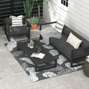 Udendørstæppe, vejrbestandigt plastiktæppe, 182x274 cm, dobbeltsidet design til altan og terrasse, grå og hvid