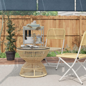 Sidebord i rattan Ø60 cm sofabord havebord med hærdet glasbordplade i boho design, sofabord lavet af naturligt træ