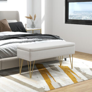 Polstret opbevaringsbænk, linnedlook, sengebænk med stålben, til soveværelse, stue, entré, 100 x 40 x 49 cm, cremefarvet