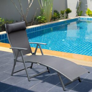 Havestol, foldbar, justerbar med hynde, solseng, grå, metal og stof, 137 x 63,5 x 100,5 cm til have og terrasse
