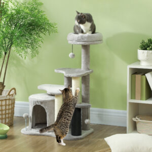 Kratzbaum 87 cm Katzenbaum mit Katzenhöhle, Bett, Spielbälle, Katzenkratzbaum mit Sisal-Kratzsäulen, für Katzen bis 5 kg, Hellgrau