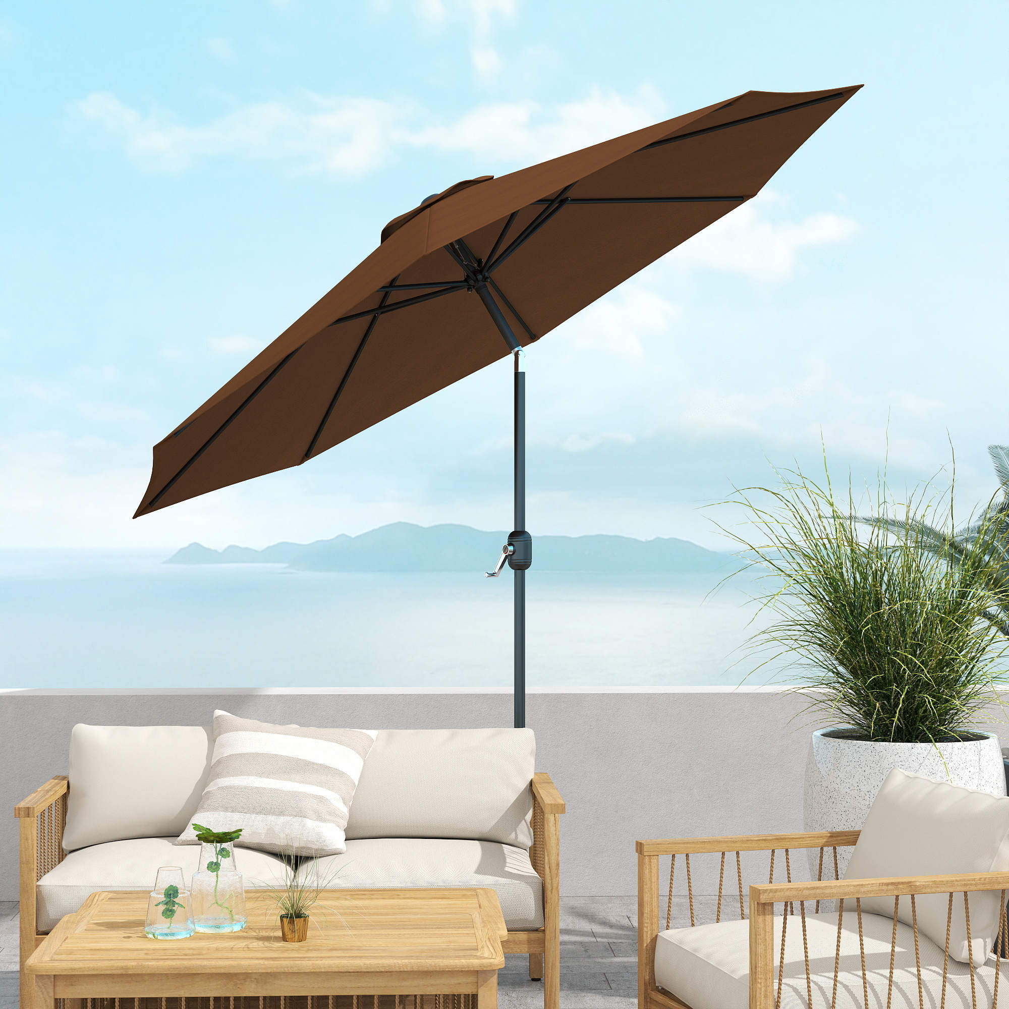 Parasol med håndsving Ø2,95 x 2,5 m foldbar parasol, markedsparasol, brun, 180/m² polyester, stabil