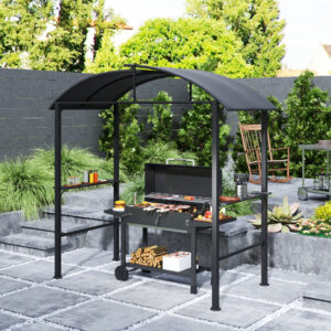 BBQ Pavillon 233 x 110 x 235 cm Vindtæt Havepavillon med Dobbelt Tag, Hylder, Havepergolaer med UV-beskyttelse, BBQ Pavillon Af Stål, Havetelt Grilltelt Til Festgrill, Mørkegrå