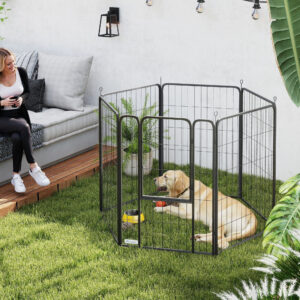 Hvalpegård sekskantet hvalpegård med 6 gitterpaneler, fleksibel foldbar dør, beskyttelsesovertræk, udendørs indhegning 100 cm høj, hundegård, hvalpeport til hunde og katte, indendørs/udendørs kravlegård