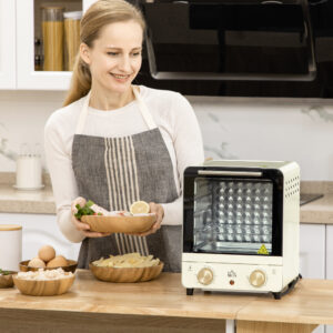 15L miniovn med varmluft, 1000W, 60-230°C, 1-times timer, pizzaovn, inklusive bageplade og krummebakke, cremehvid